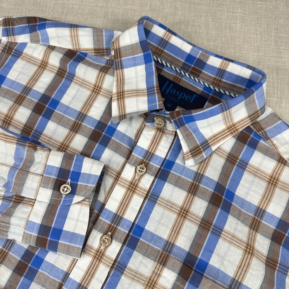 Haspel Button Down Shirt Mens Medium Blue Brown Plaid‎ Cotton Made in Italy